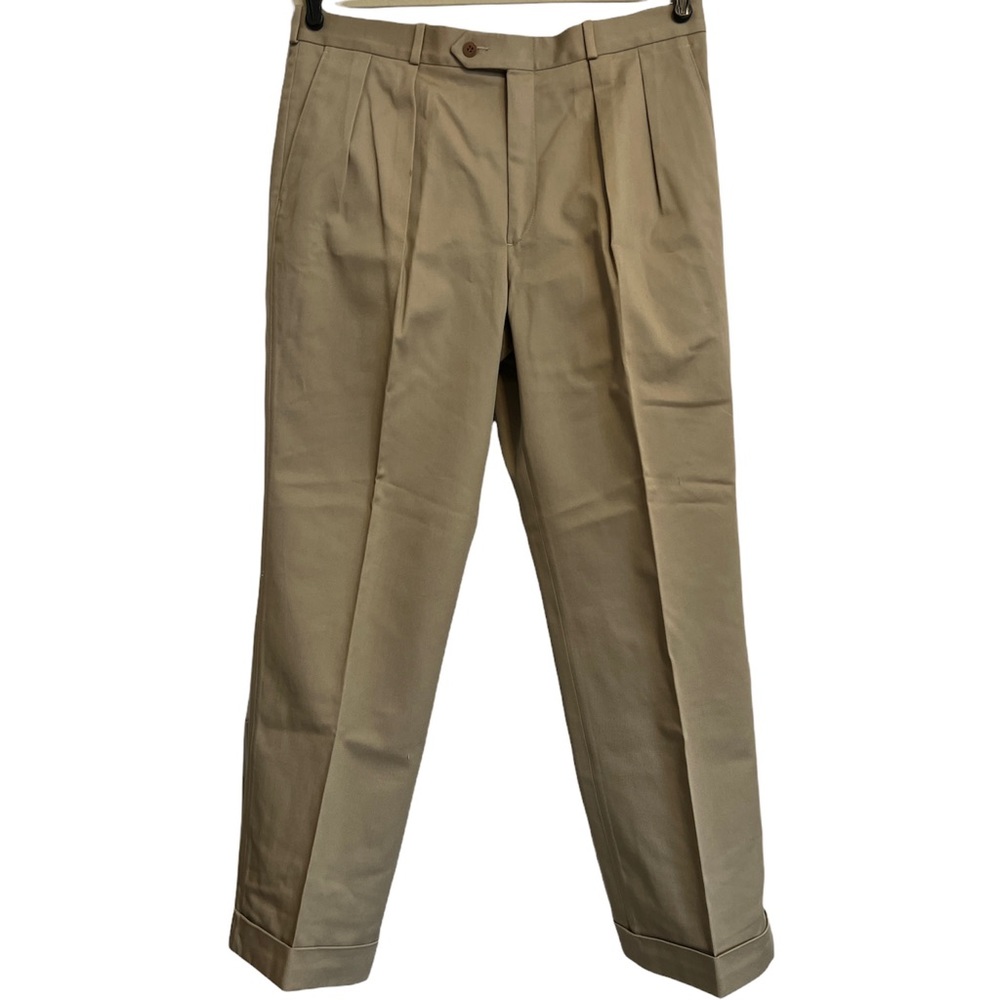 Paul Stuart Mens Tan Khaki Cuffed Utility Press Dress Pants Size 35x29